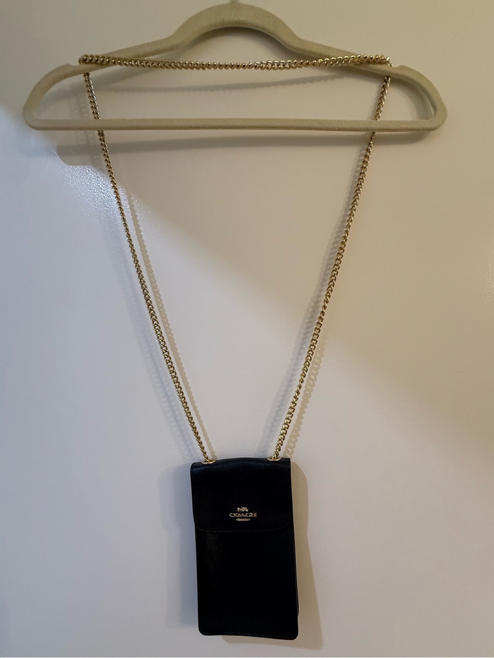 Coach Black Crossgrain Leather Phone Crossbody Gold Chain